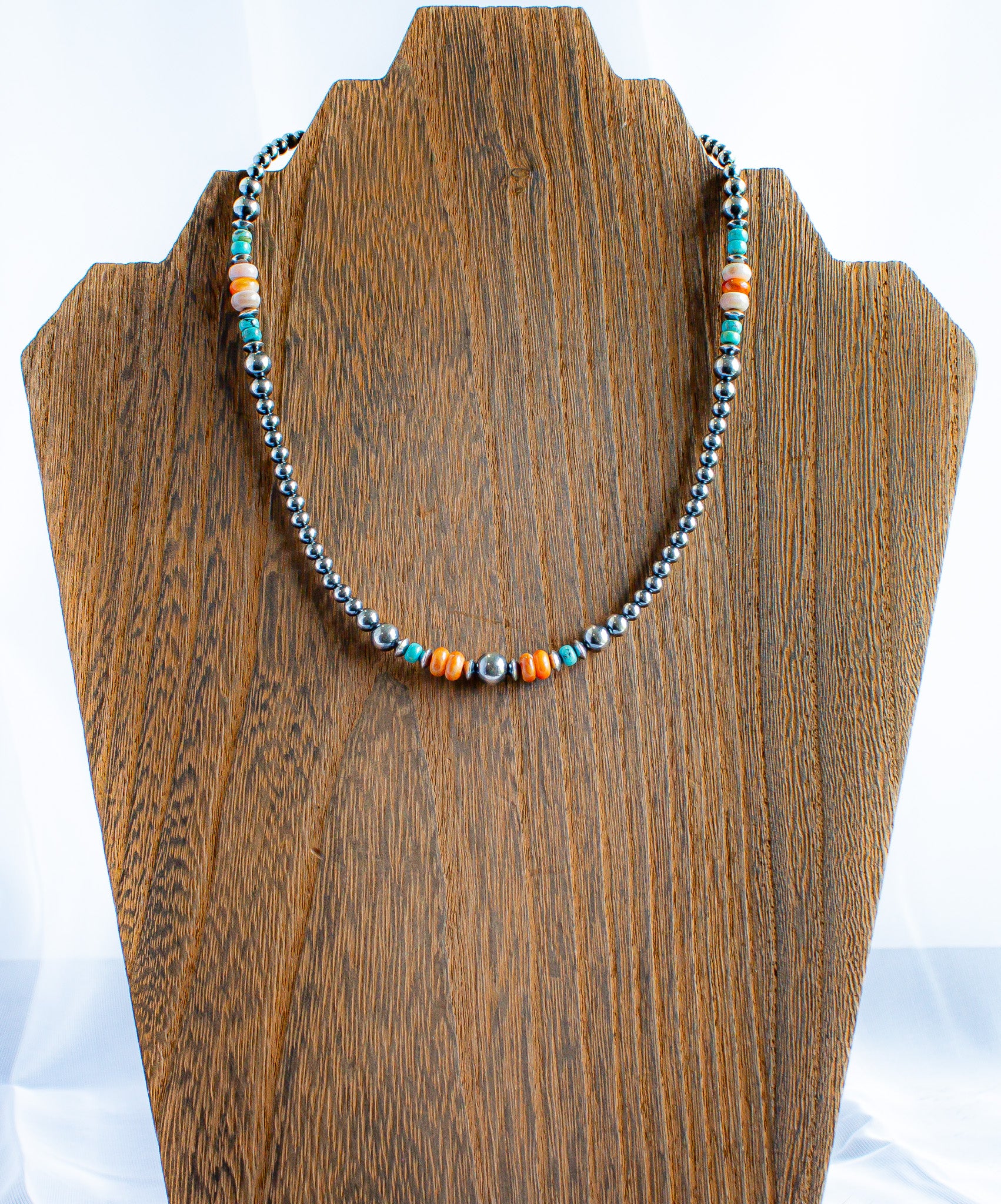 16" Navajo Style 925 Sterling Silver Pearl, Turquoise, Pink Conch and Orange Spiny Necklace