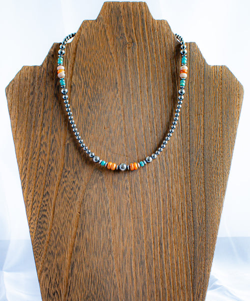 16" Navajo Style 925 Sterling Silver Pearl, Turquoise, Pink Conch and Orange Spiny Necklace