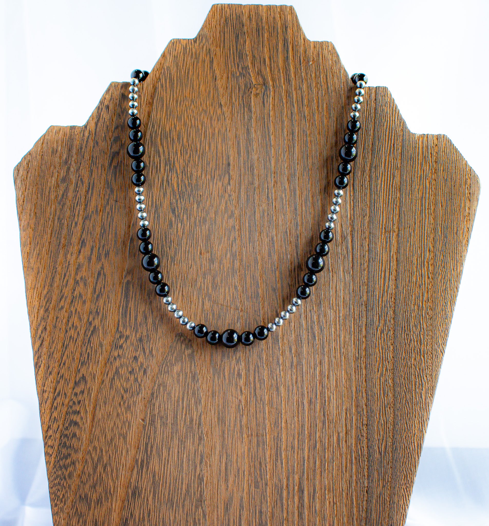 15-17" Black Onyx and Sterling Silver Graduated Necklace