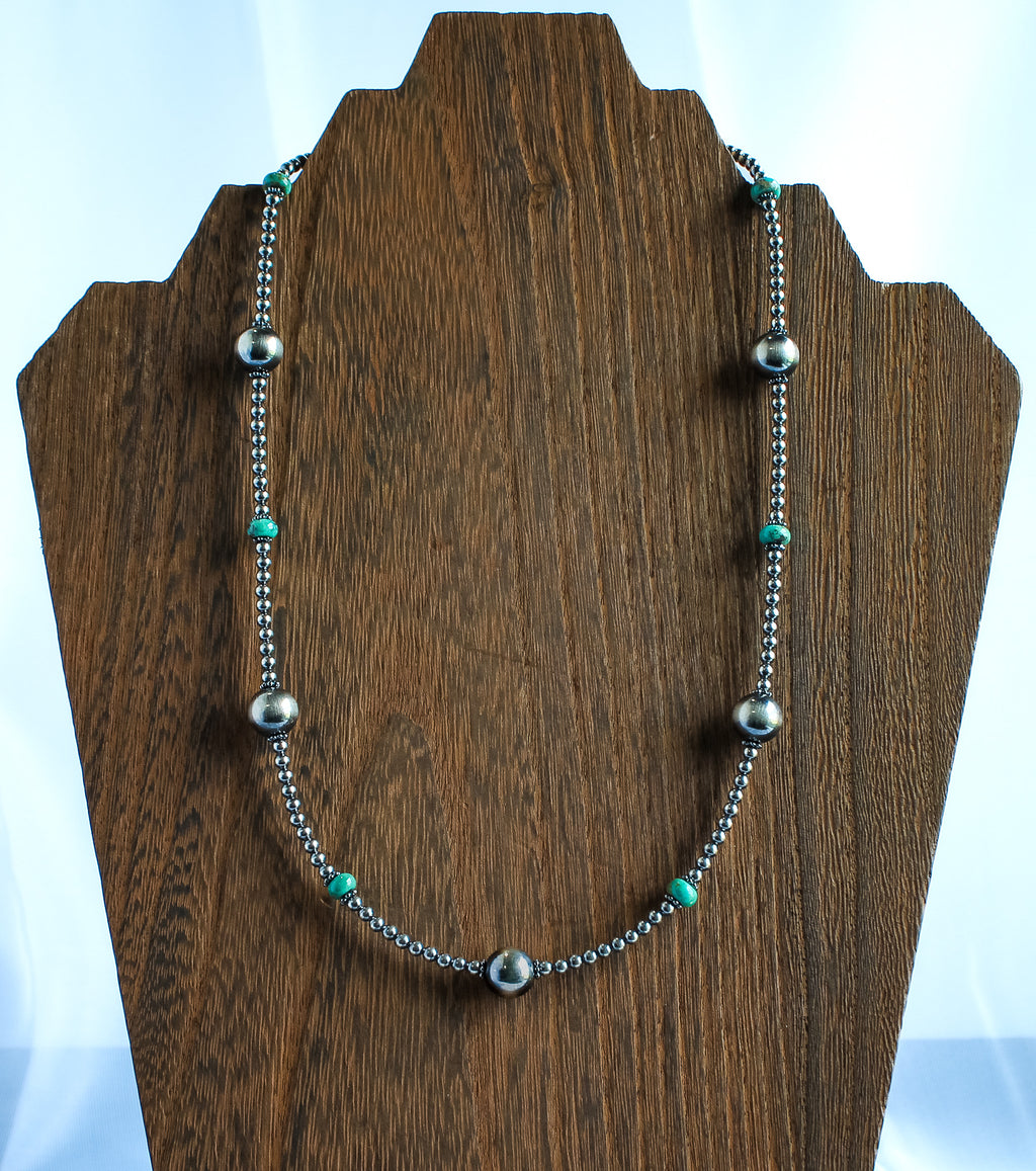 20" Navajo Style Sterling Silver Pearl and Turquoise Necklace