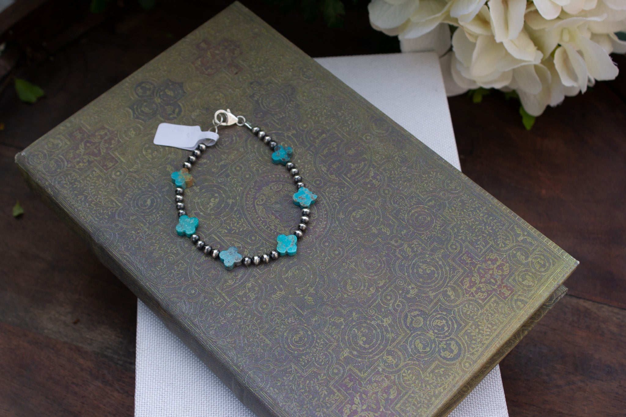 Sterling Silver and Turquoise Clover Bracelet 6.5"