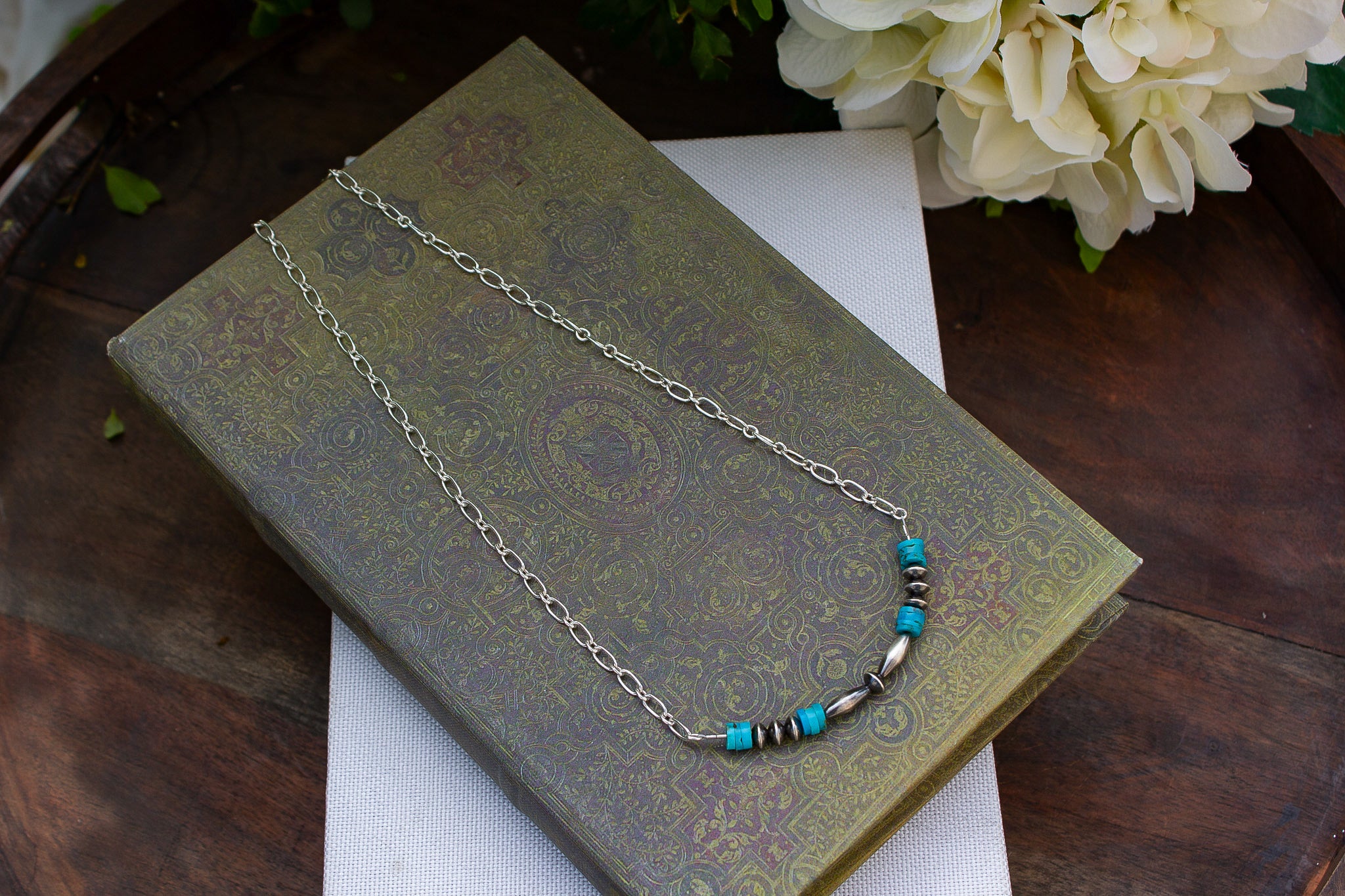 19" Turquoise Slice and Navajo Style Sterling Beads on Sterling Chain