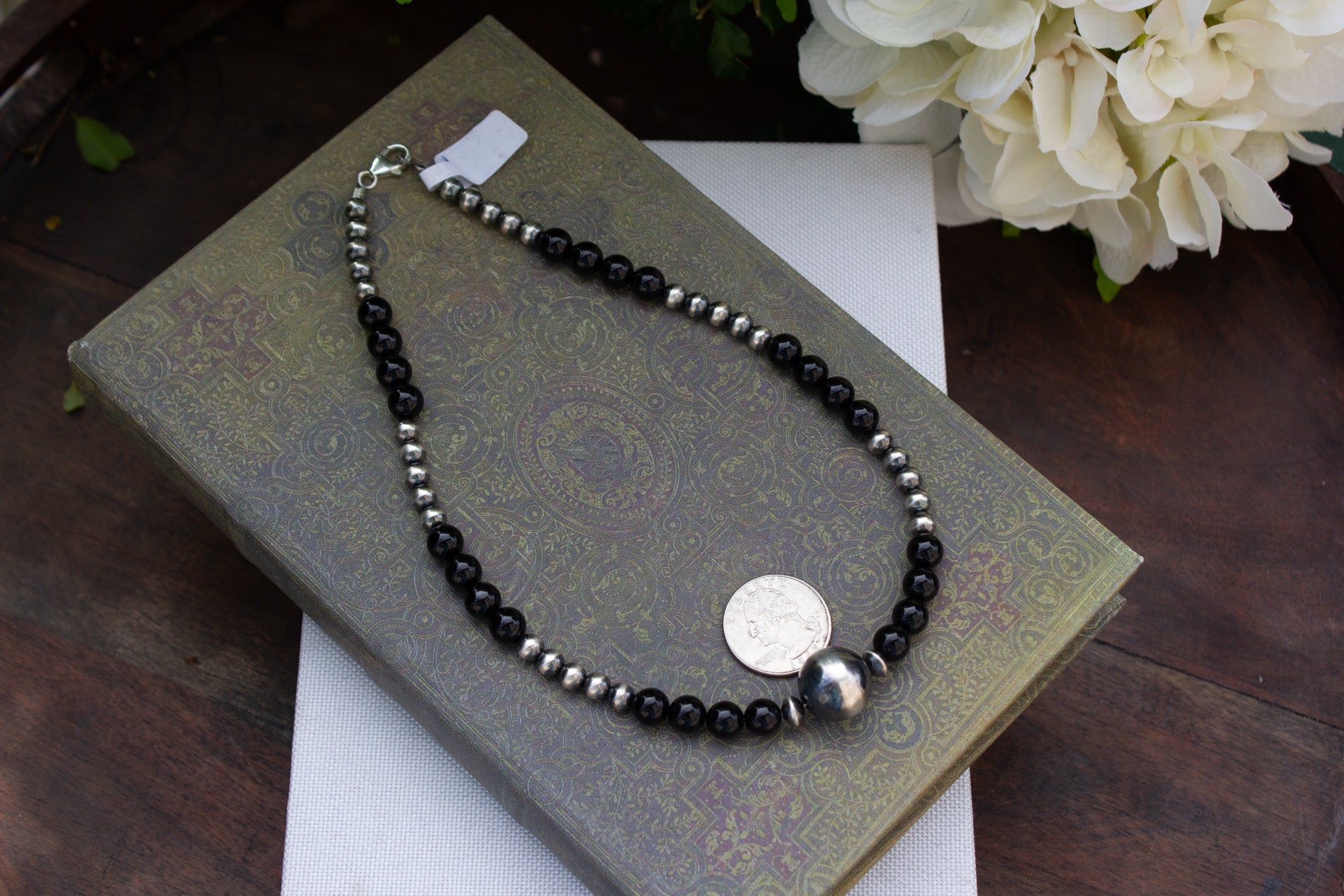 16" Black Onyx and Sterling Navajo Style Bead Necklace
