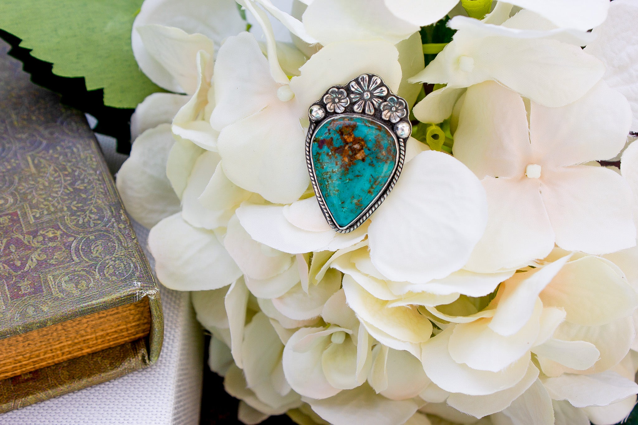 Royston Turquoise & Sterling Silver Adjustable Ring with Flower & Ball Embellishments