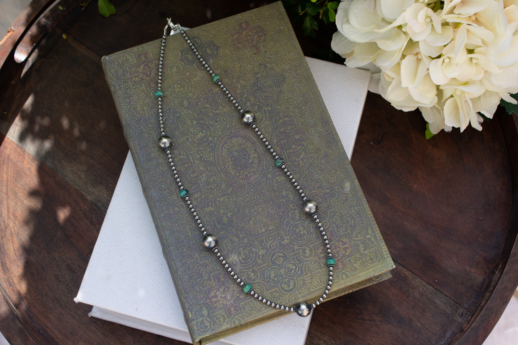 20" Navajo Style Sterling Silver Pearl and Turquoise Necklace