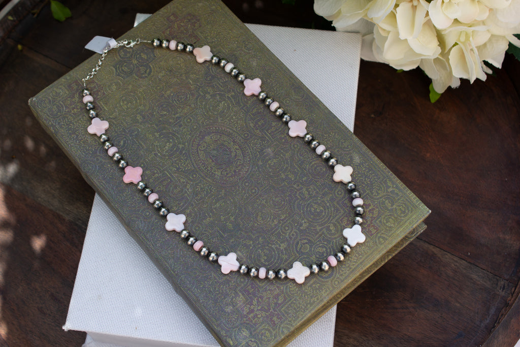 16.5" - 18.5" Queen Conch Flower Beads and Oxidized Navajo Style Sterling Silver 6mm Beads