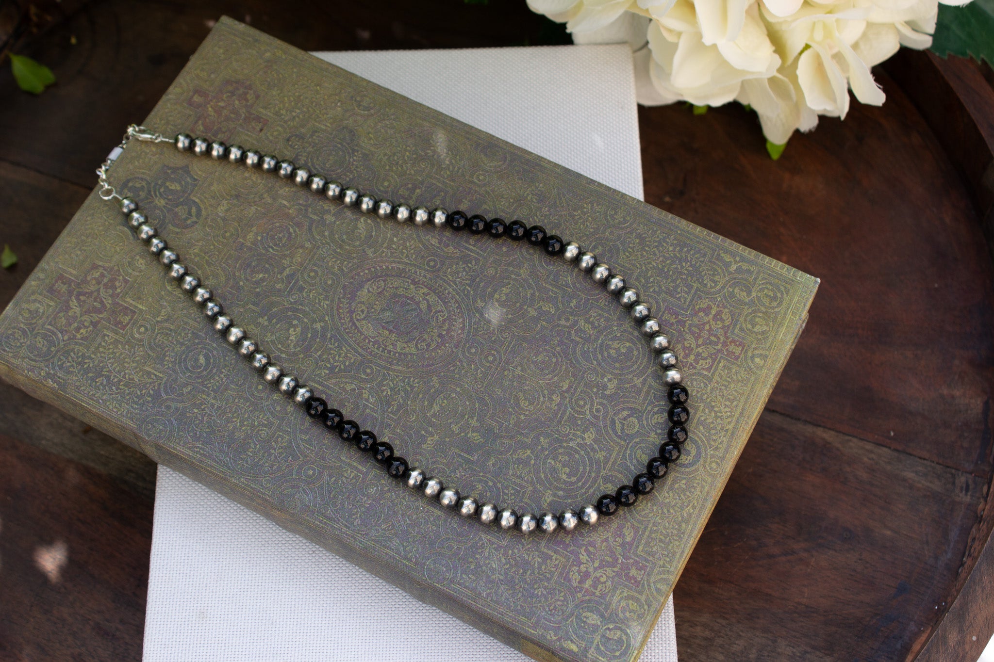 17" - 19" Black Onyx and Oxidized Navajo Style 925 Sterling Silver Necklace