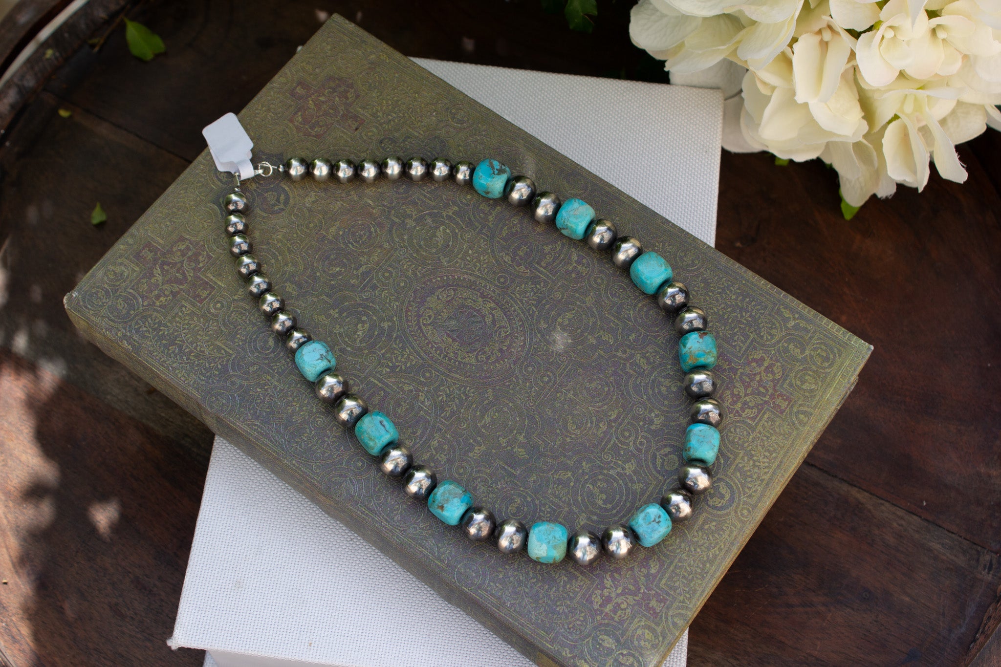17" Kingman Turquoise and Oxidized Navajo Style 925 Sterling Silver Beads