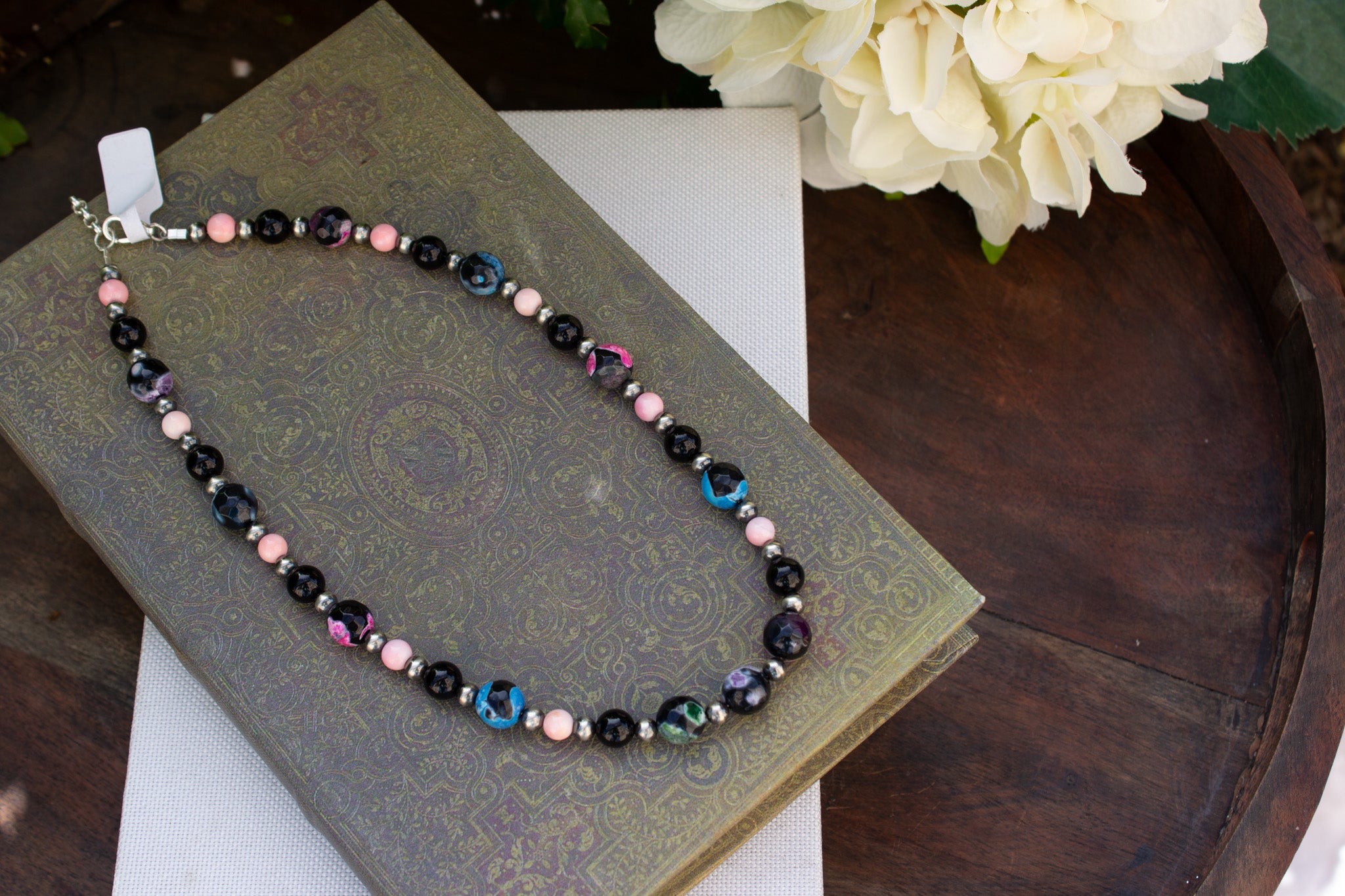 15-17" Natural Tibetan Agate, Pink Conch, Black Onyx and Navajo Style 925 Sterling Silver Necklace