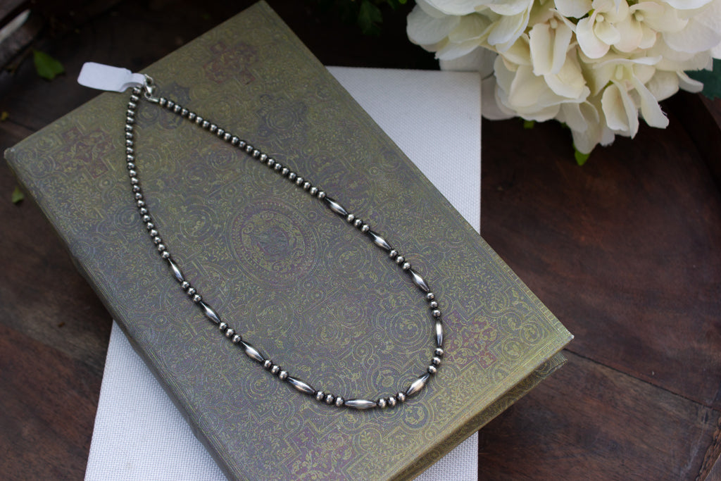 18" Torpedo and 4mm Oxidized Navajo Style 925 Sterling Silver Beaded Necklace
