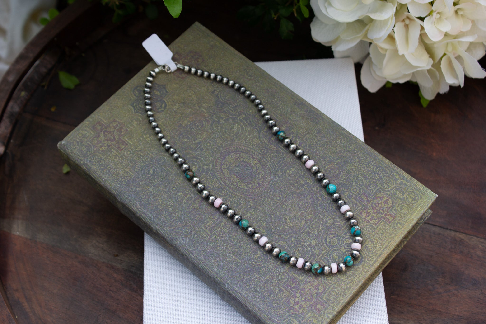 16" Oxidized 925 Navajo Style Sterling Silver, Queen Conch and Kingman Turquoise with Bronze Necklace