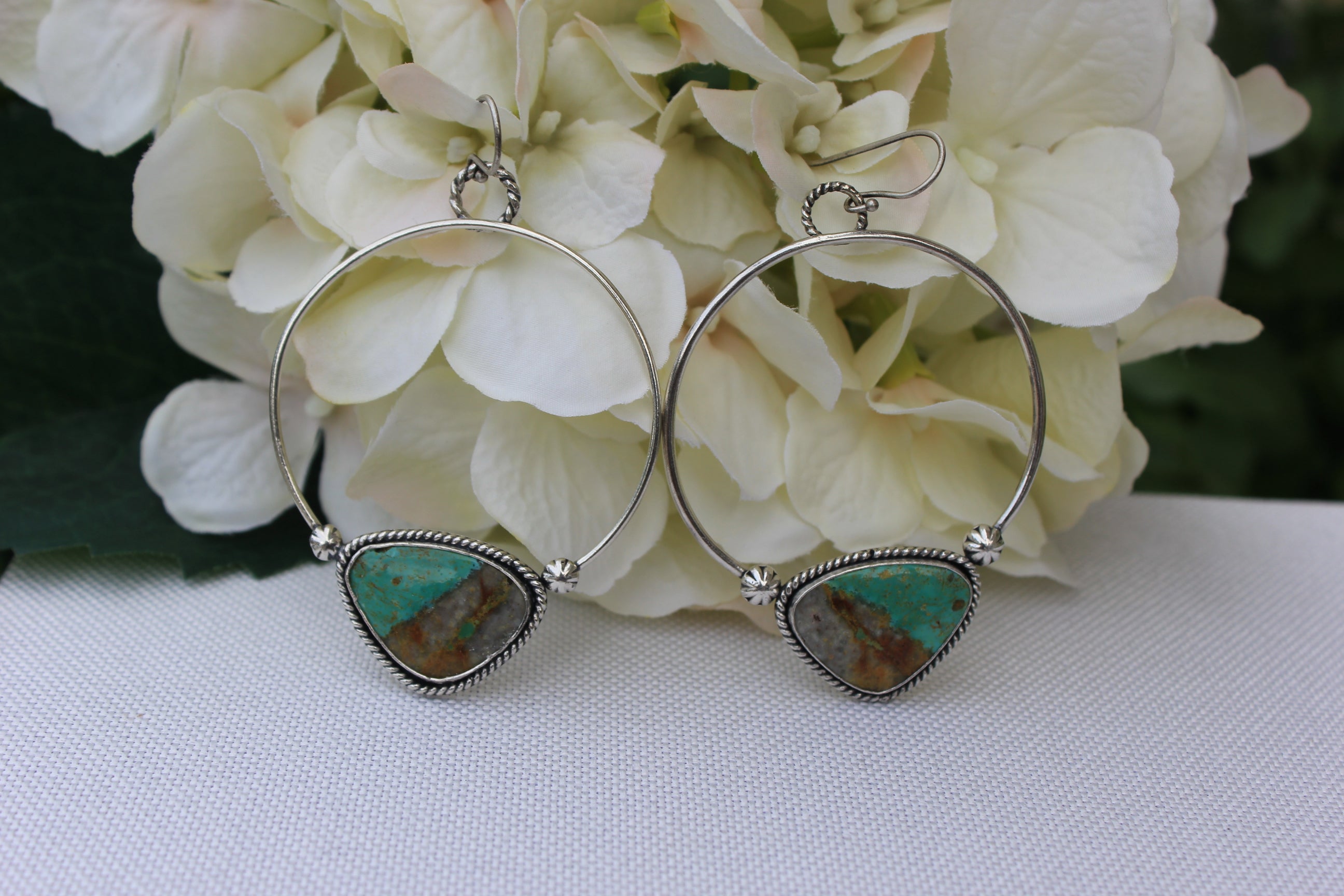 Kingman Turquoise & Navajo Style Sterling Silver Hoop Earrings