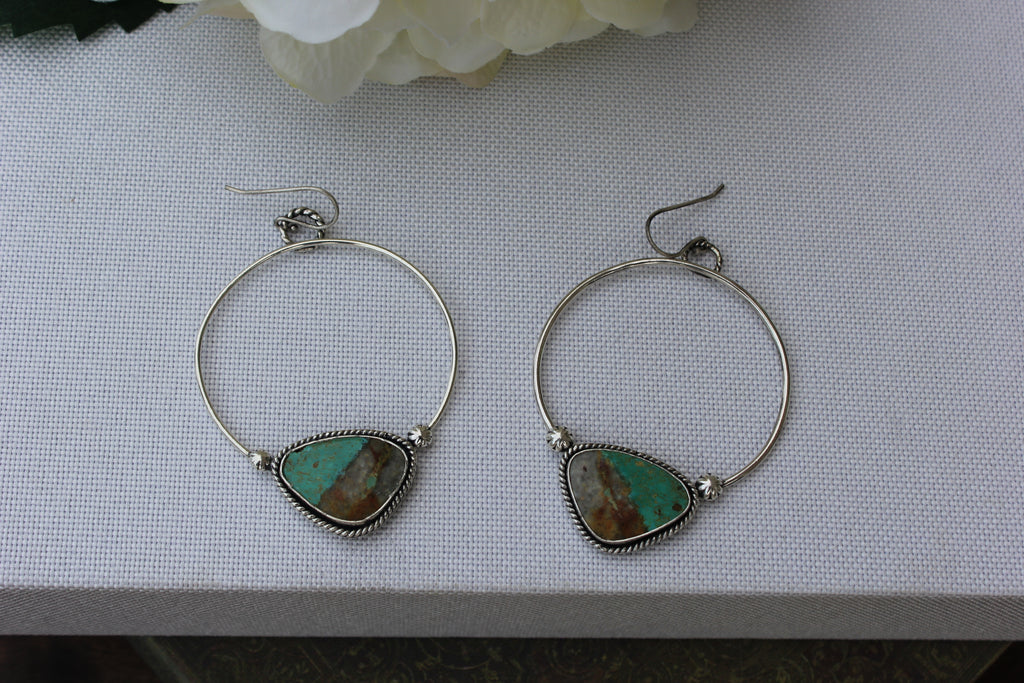 Kingman Turquoise & Navajo Style Sterling Silver Hoop Earrings