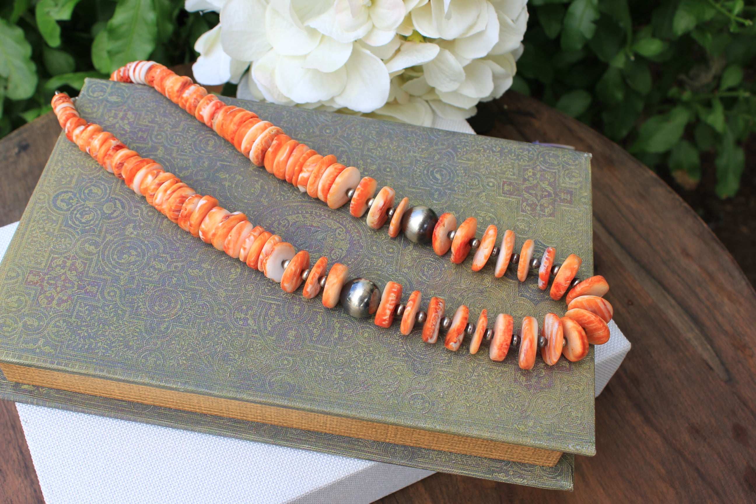 Orange Spiney and Sterling Silver Navajo Style STATEMENT Necklace 19"