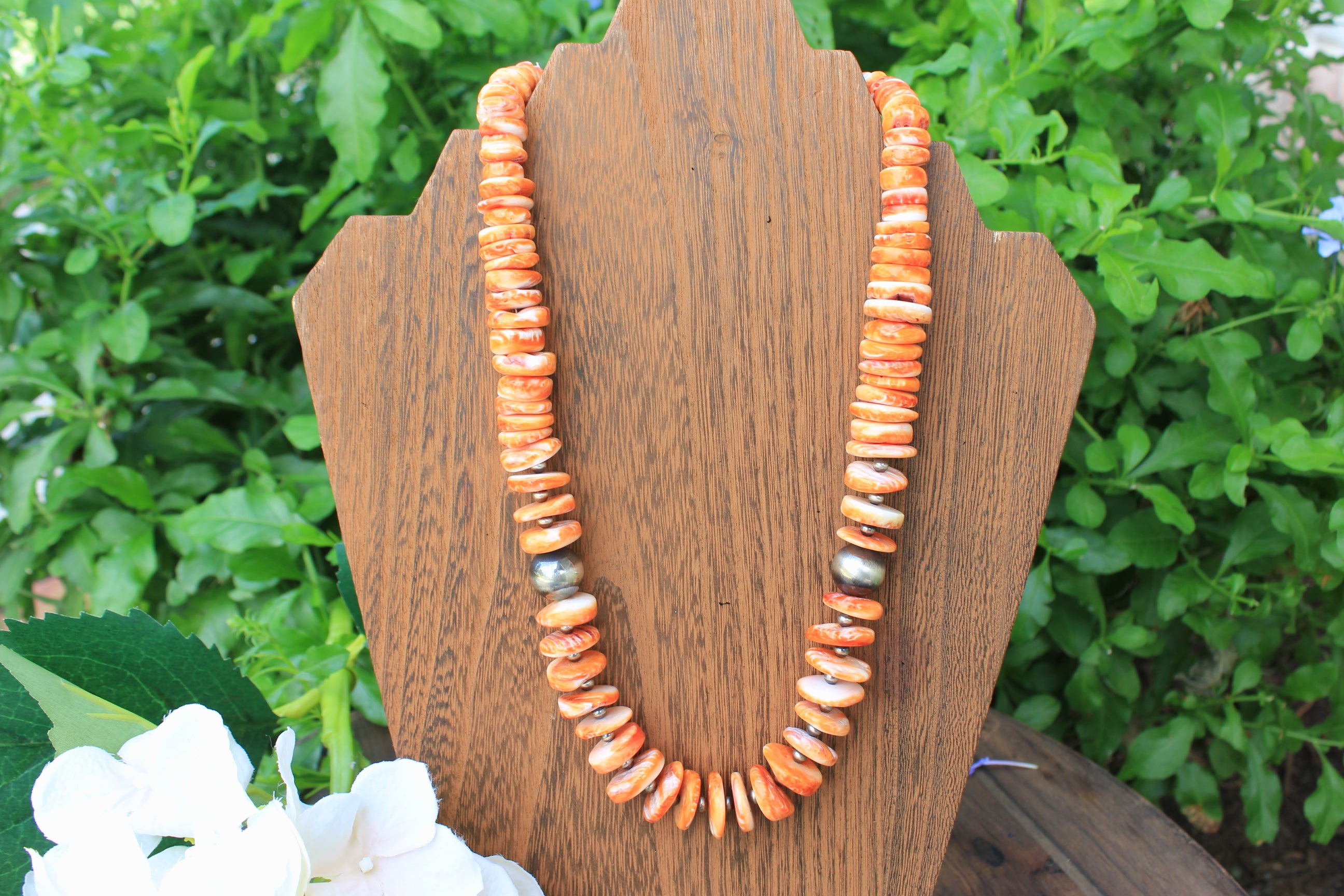 Orange Spiney and Sterling Silver Navajo Style STATEMENT Necklace 19"