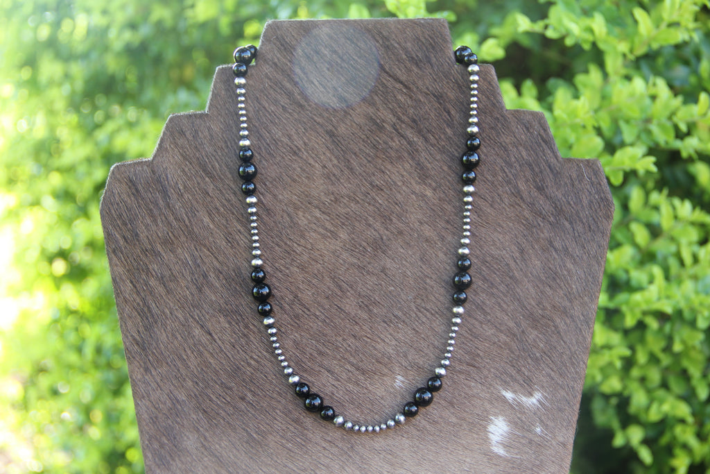Graduated Black Onyx and Sterling Graduated Navajo Pearls