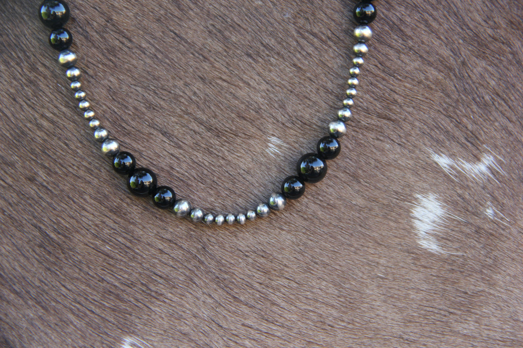 Graduated Black Onyx and Sterling Graduated Navajo Pearls