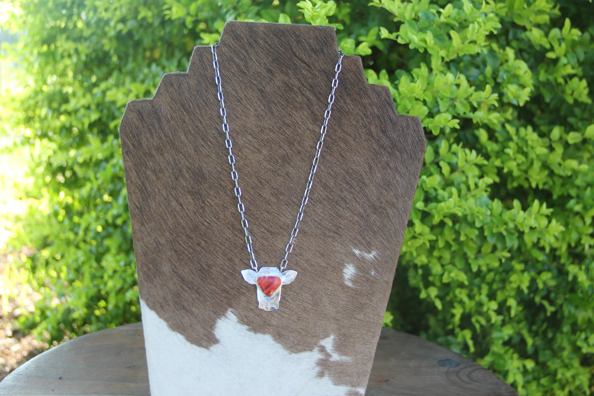 Silver cow and red spiny necklace 16"