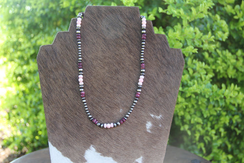 17 inch pink conch, purple spiny oyster and sterling silver beaded necklace