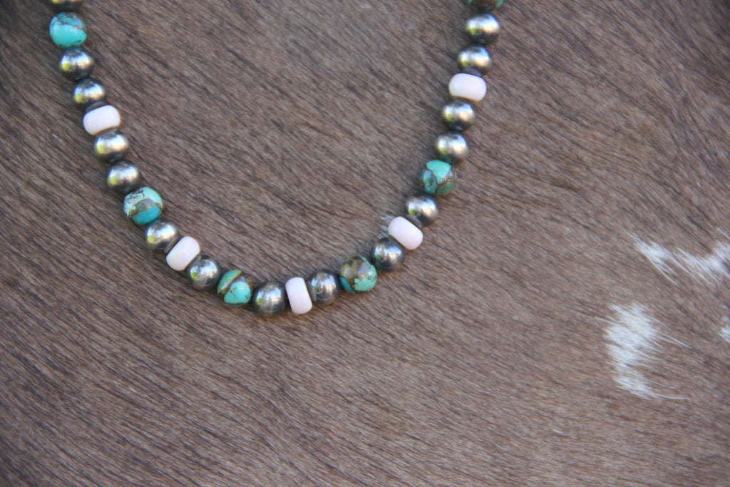16" Oxidized 925 Navajo Style Sterling Silver, Queen Conch and Kingman Turquoise with Bronze Necklace