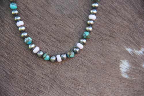 16" Oxidized 925 Navajo Style Sterling Silver, Queen Conch and Kingman Turquoise with Bronze Necklace