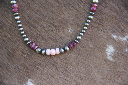  Pink conch and purple spiny oyster necklace, sterling silver bead detail