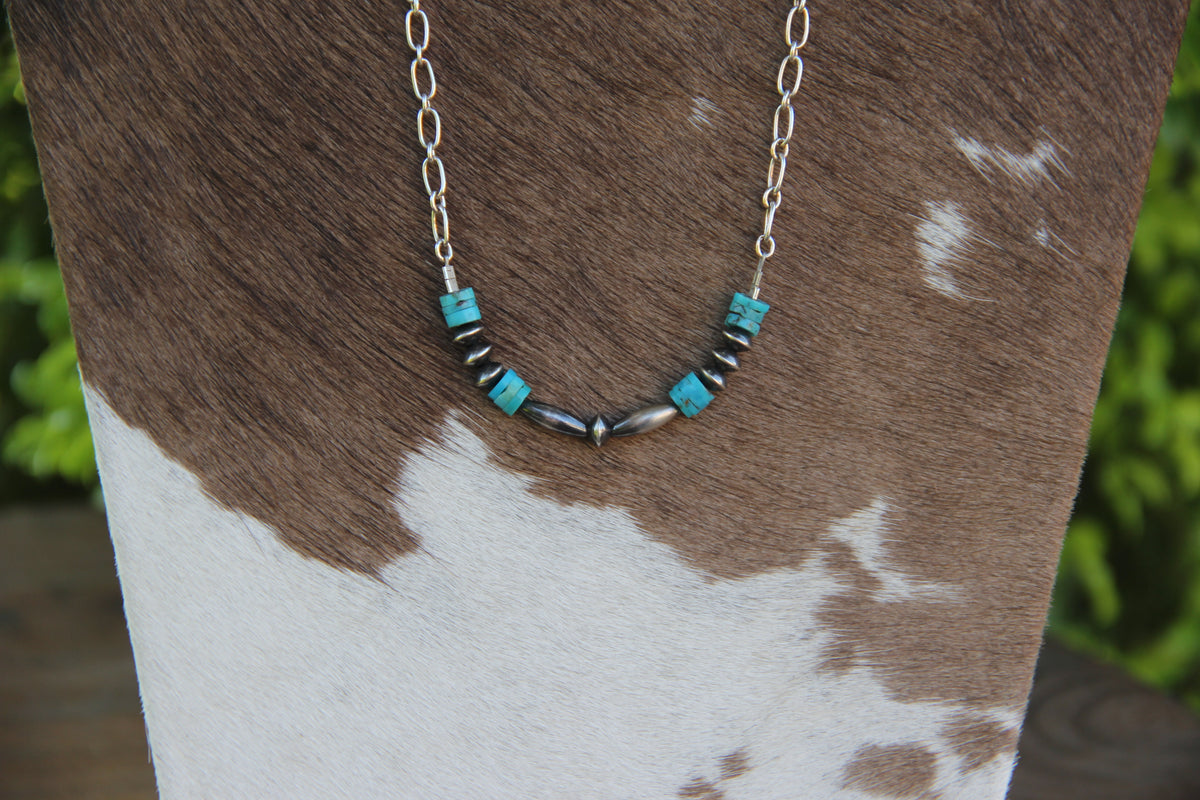 19" Turquoise Slice and Navajo Style Sterling Beads on Sterling Chain