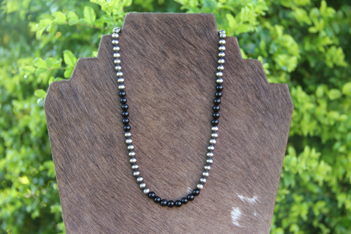 17" - 19" Black Onyx and Oxidized Navajo Style 925 Sterling Silver Necklace