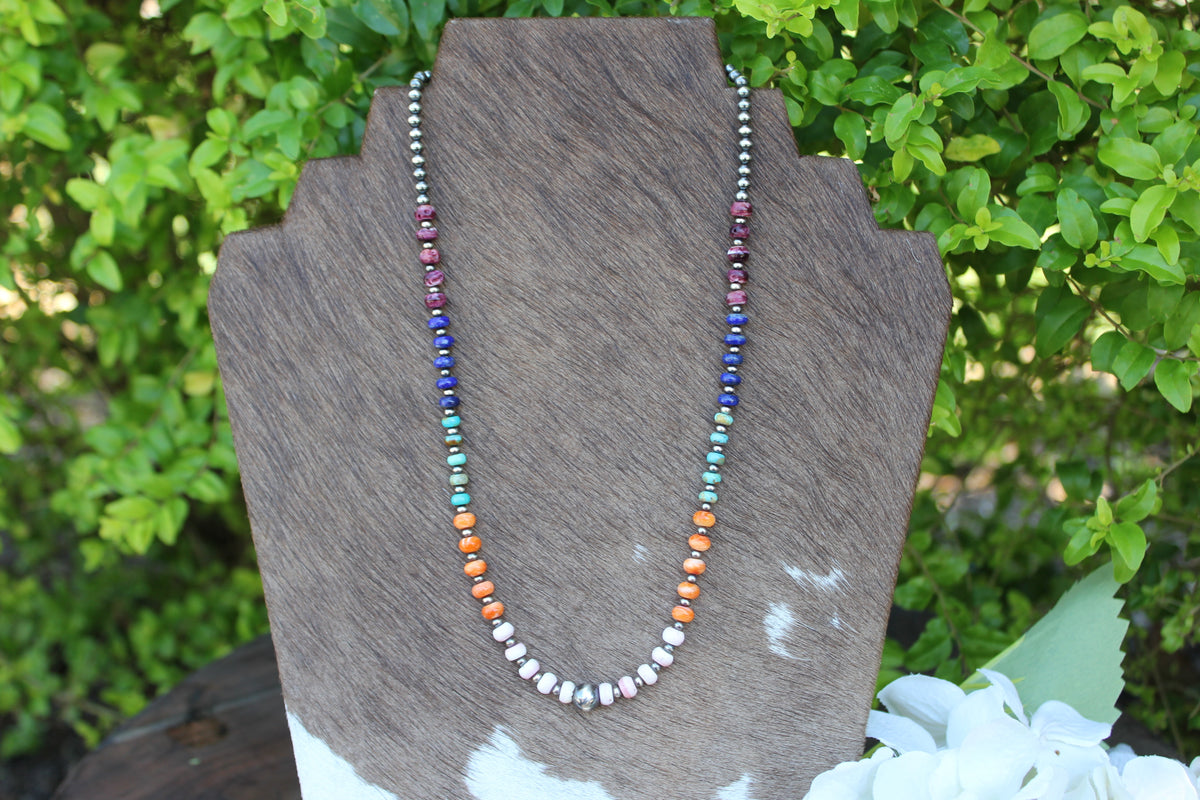 Pink Conch, Orange Spiny, Purple Spiny, Blue Lapis, Turquoise and Navajo Style Pearl Necklace 19"