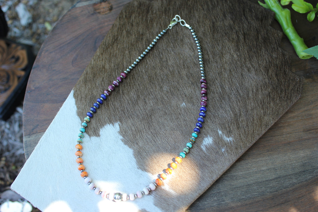 Pink Conch, Orange Spiny, Purple Spiny, Blue Lapis, Turquoise and Navajo Style Pearl Necklace 19"