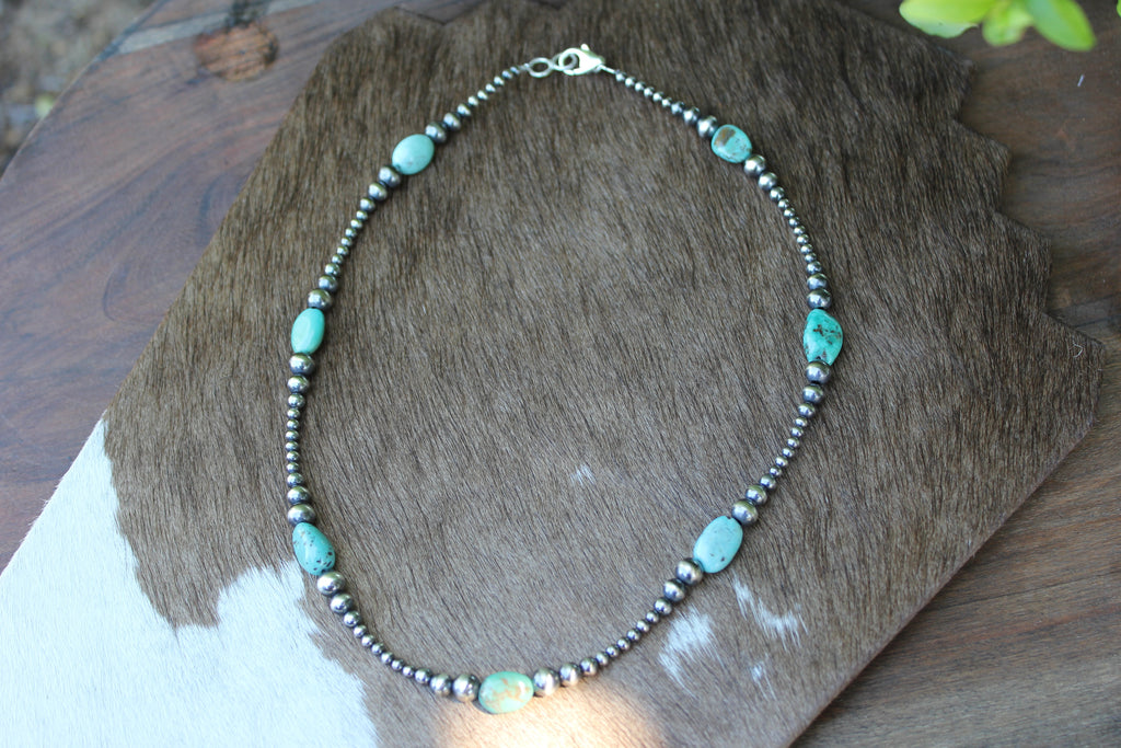 Natural Turquoise and Navajo Style Pearl Necklace 17"