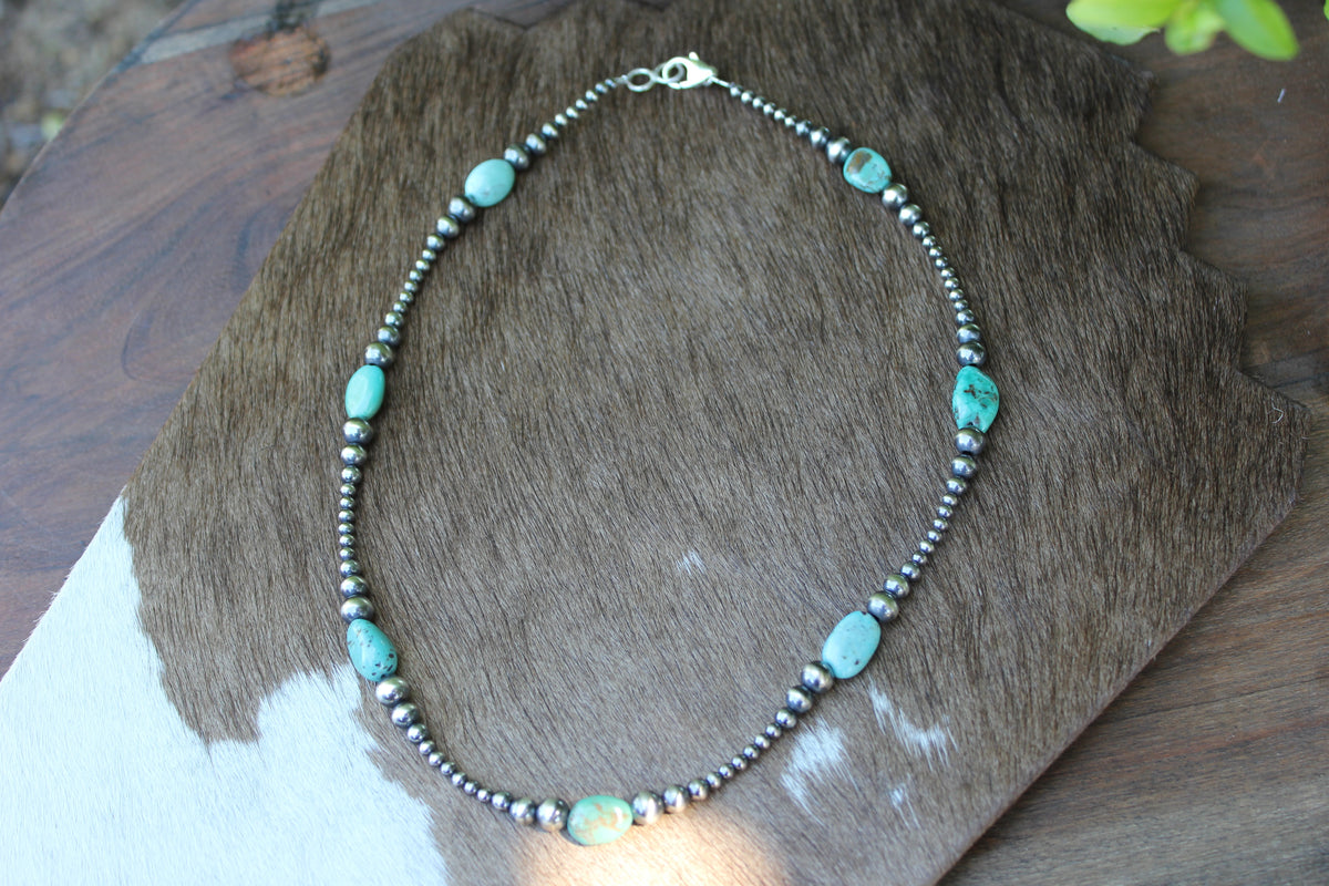 Natural Turquoise and Navajo Style Pearl Necklace 17"