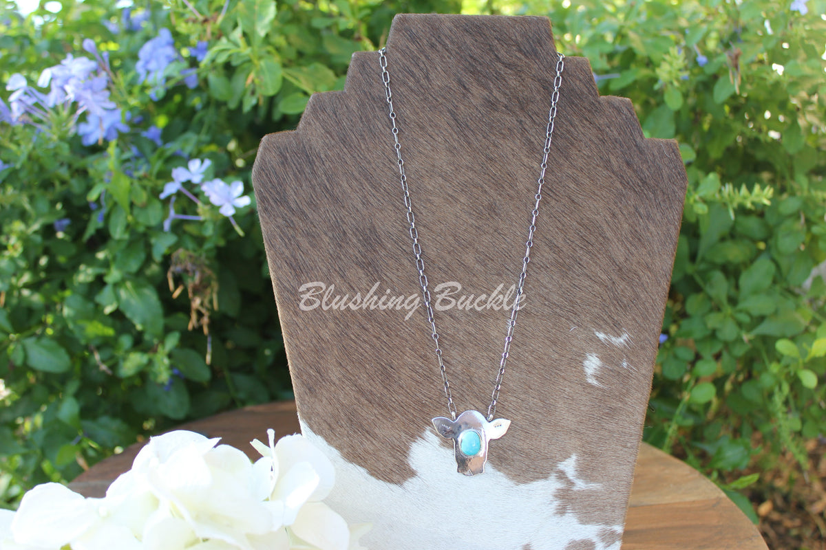 Silver cow and Sleeping Beauty  turquoise necklace