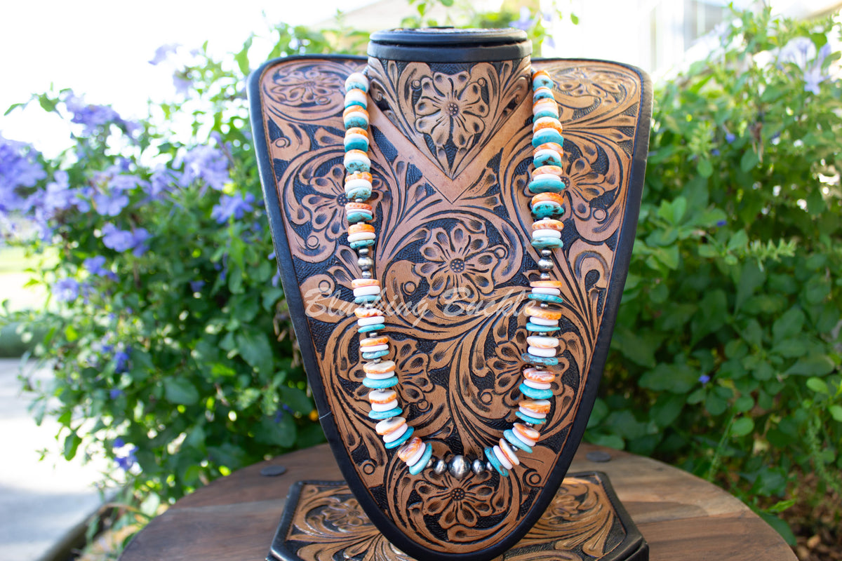25" Pink Conch, Turquoise, Orange Spiny & Sterling Silver Graduated Statement Necklace