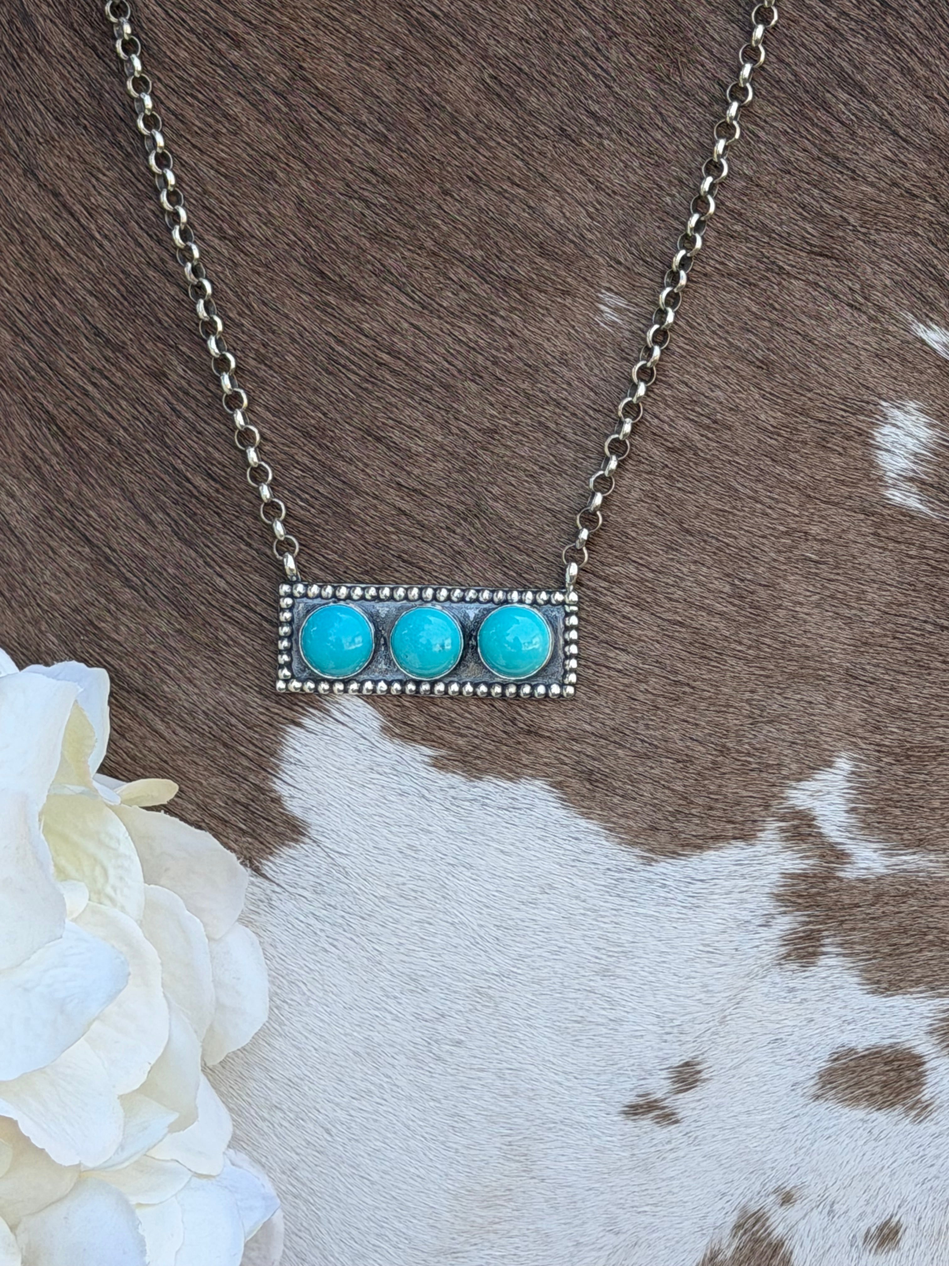 18" Oxidized Sterling Silver Bar Chain Necklace with Round Turquoise Stones