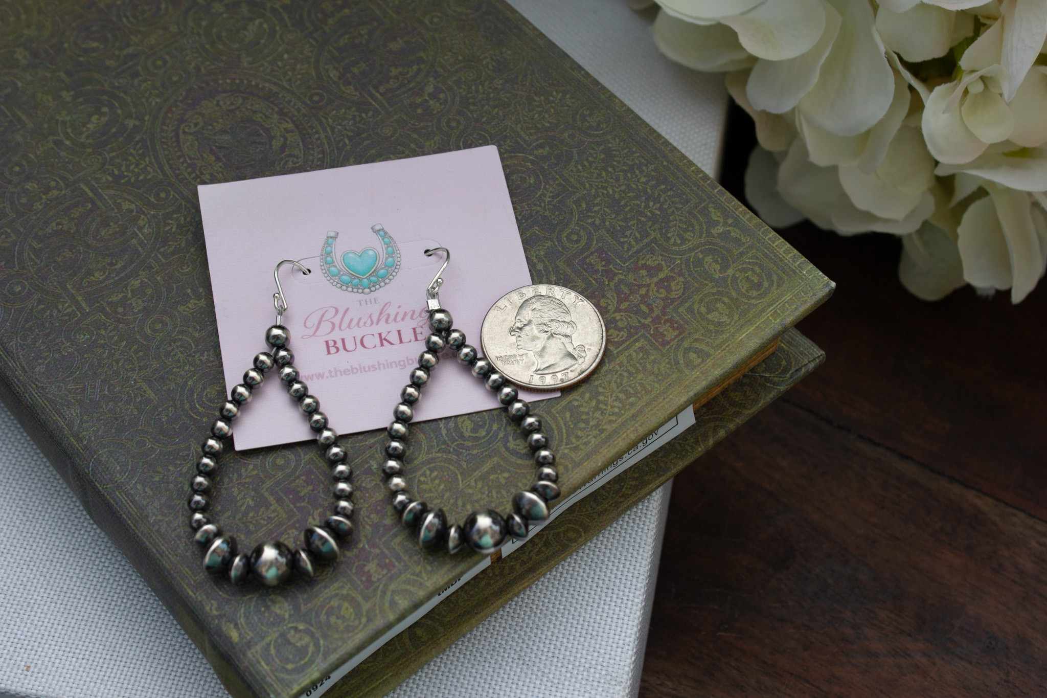 Navajo Style Sterling Silver Beaded Hoop Earrings with Pearls
