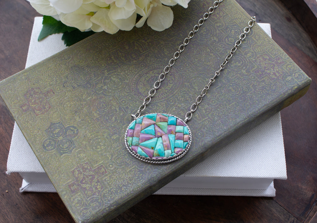 Turquoise and Purple Mosaic Necklace 18" Chain - One of a Kind