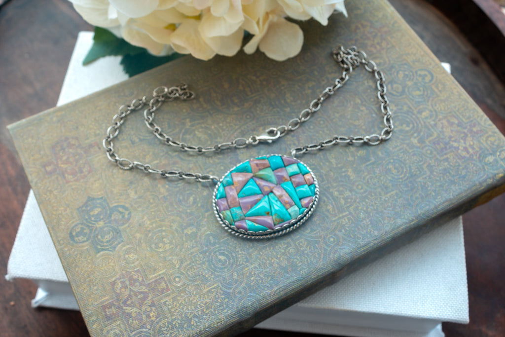 Turquoise and Purple Mosaic Necklace 18" Chain - One of a Kind
