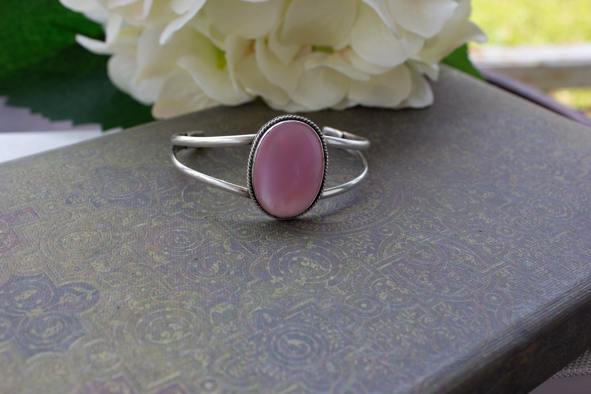 Sterling Silver and Pink Mussel Stone Cuff