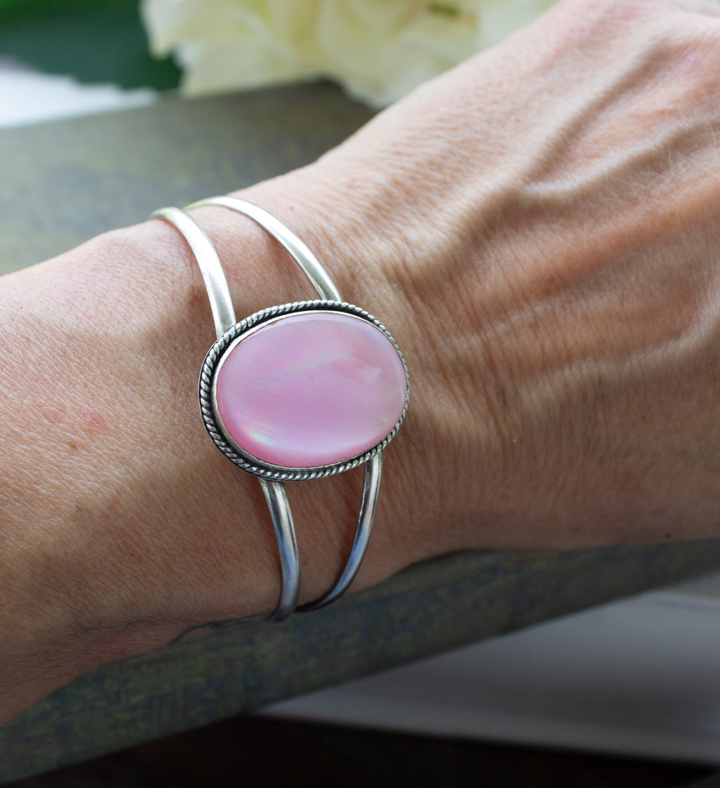 Sterling Silver and Pink Mussel Stone Cuff