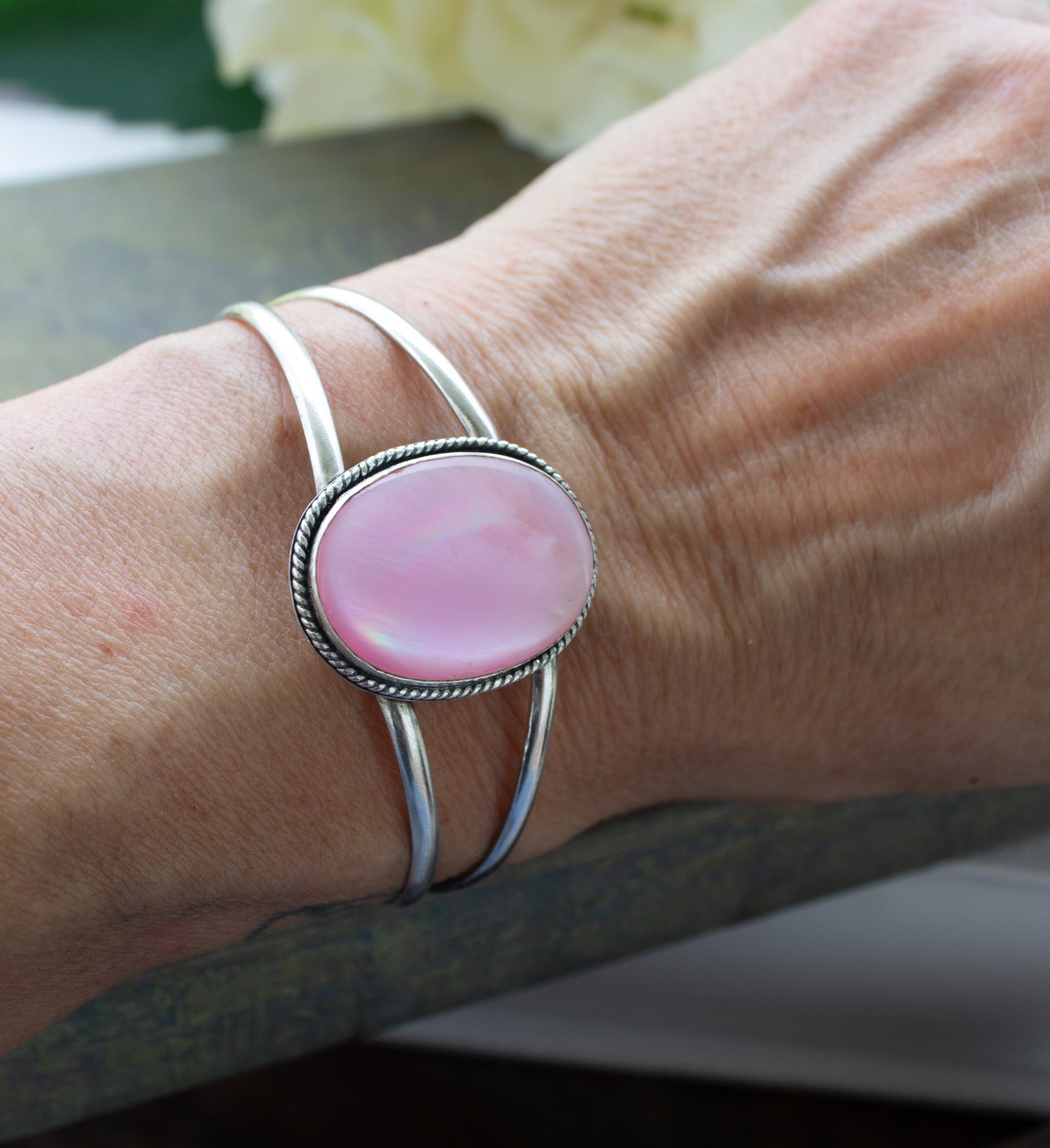 Sterling Silver and Pink Mussel Stone Cuff