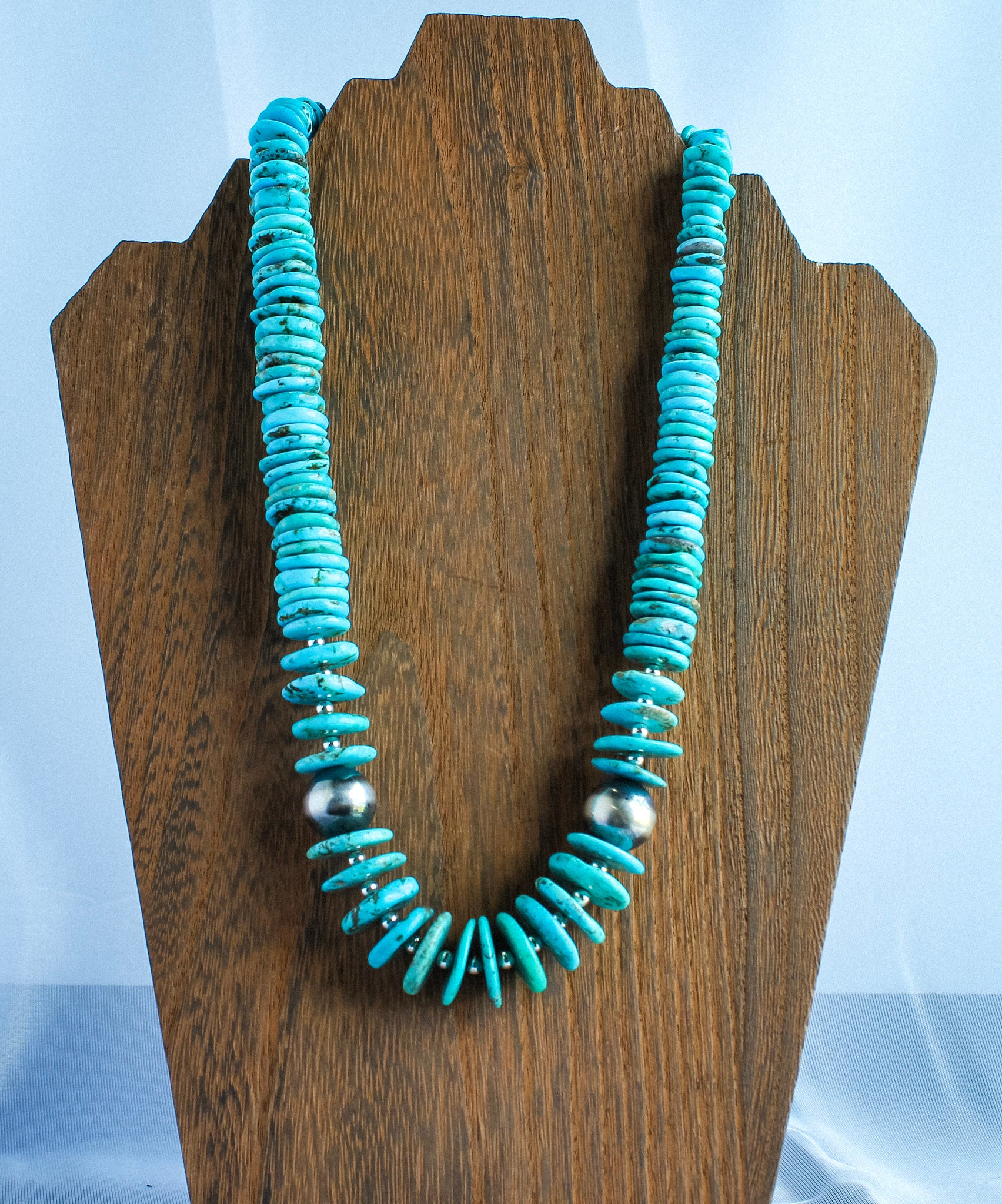 Turquoise Graduated Necklace with Sterling Silver Navajo Style Beads