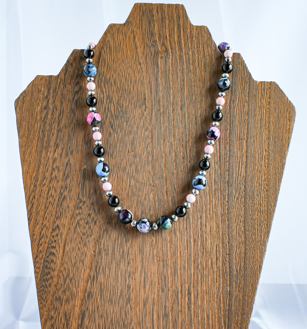 15-17" Natural Tibetan Agate, Pink Conch, Black Onyx and Navajo Style 925 Sterling Silver Necklace