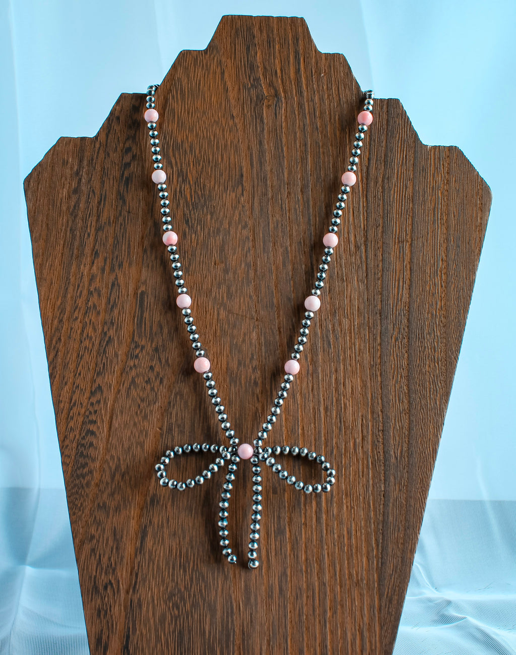 17" Pink Conch and Navajo Style 925 Sterling Silver Bow Necklace