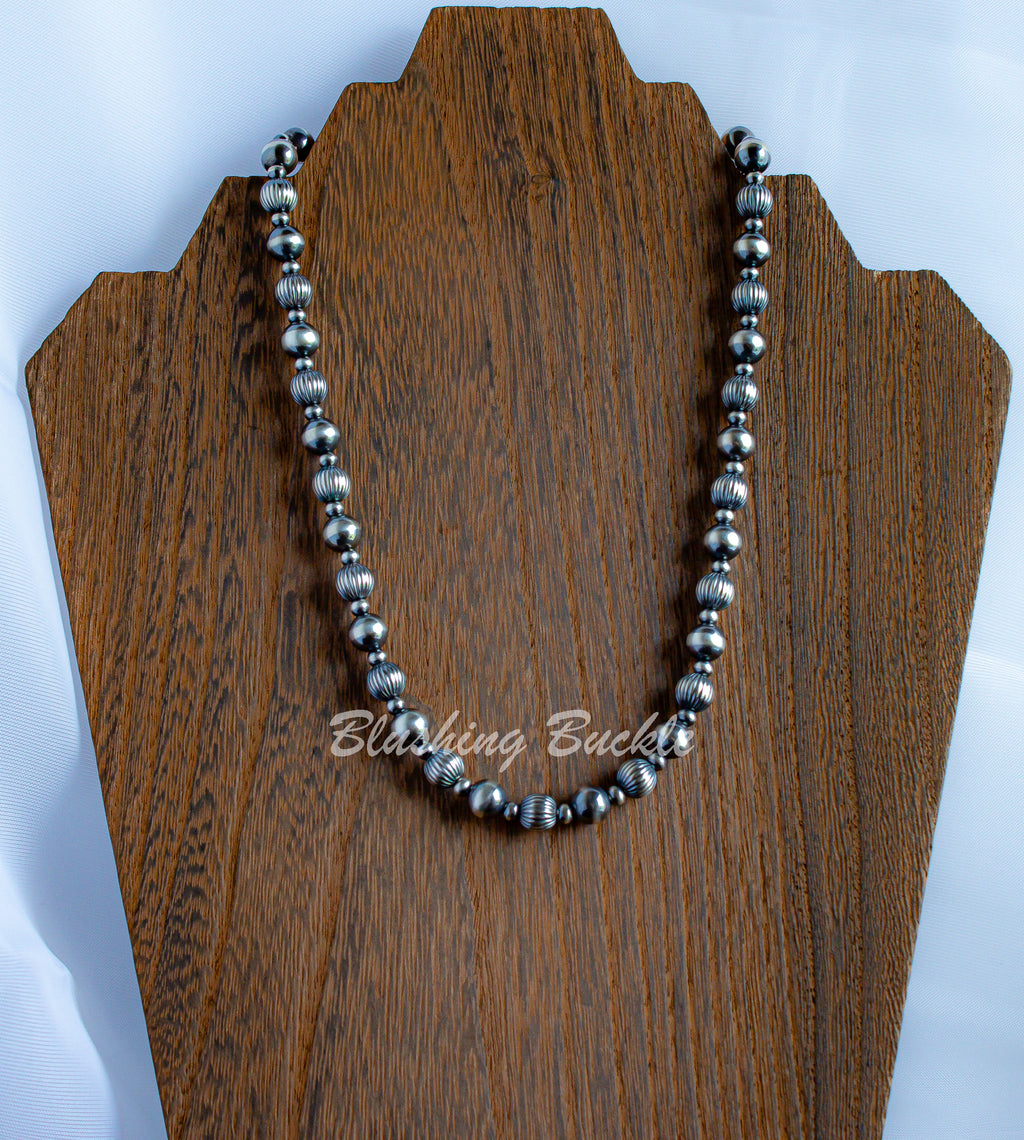 17" - 19" Smooth and Corrugated Round Navajo Style 925 Sterling Silver Oxidized Beads