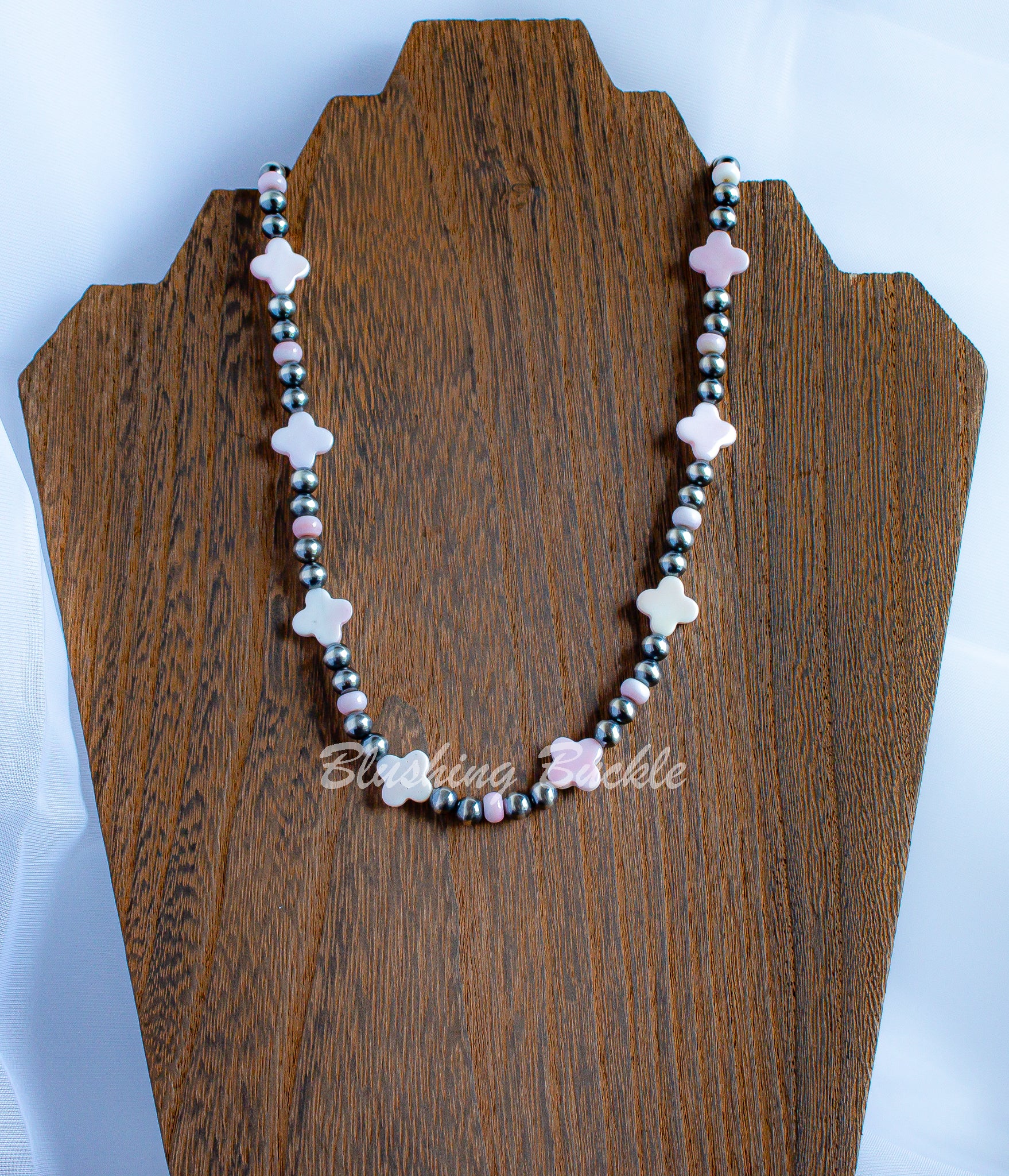 16.5" - 18.5" Queen Conch Flower Beads and Oxidized Navajo Style Sterling Silver 6mm Beads