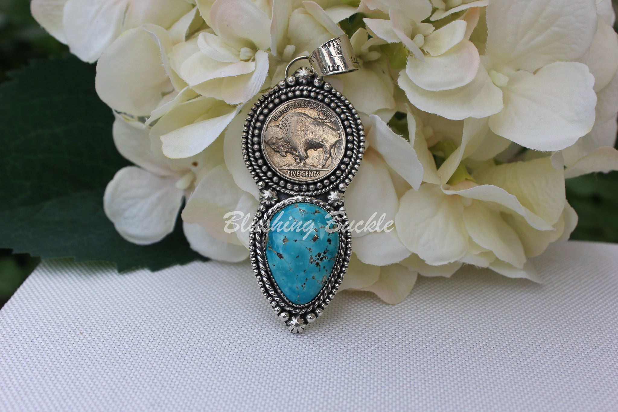 1927 Buffalo Nickel and Whitewater Turquoise Sterling Silver Pendant