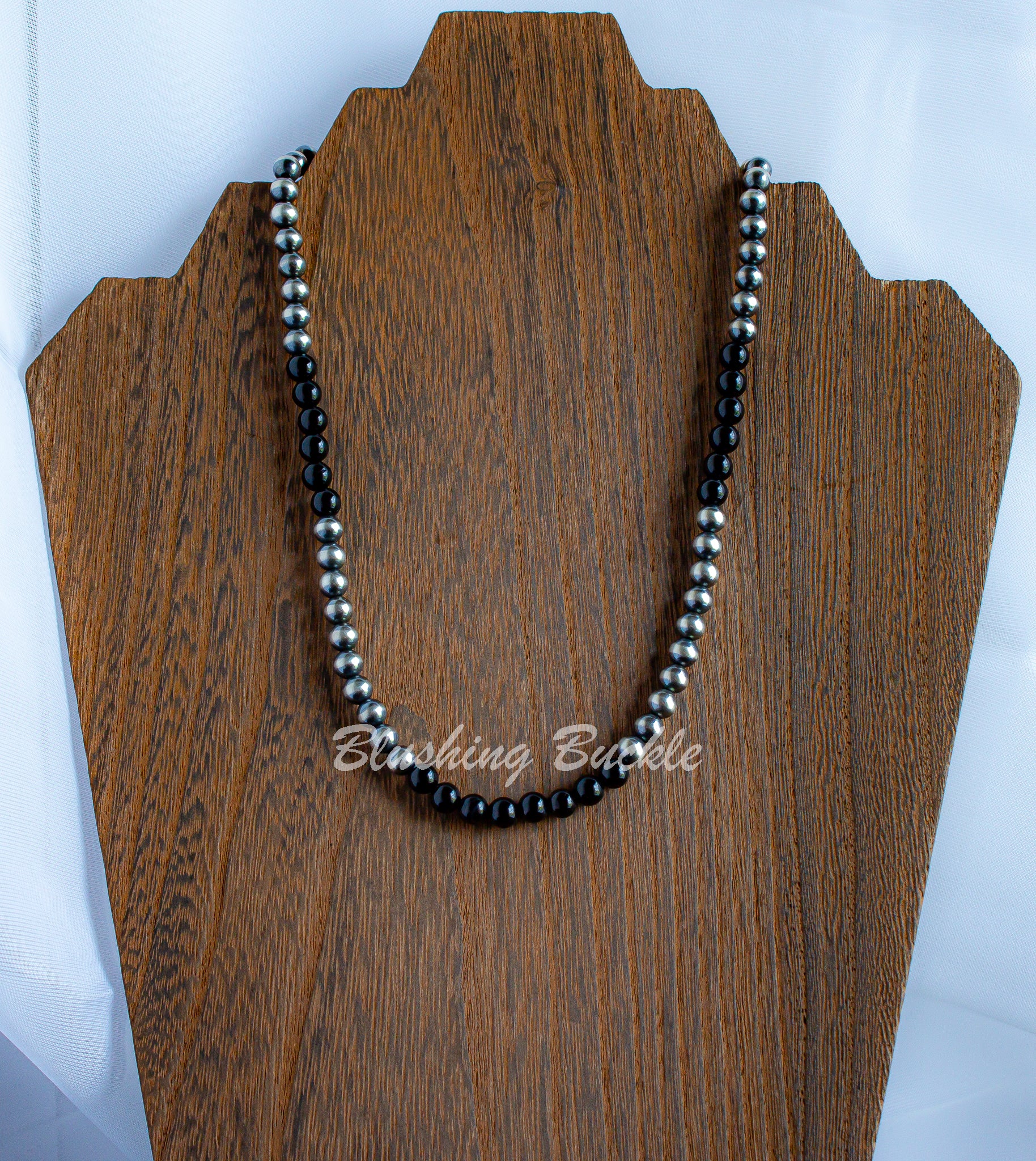 17" - 19" Black Onyx and Oxidized Navajo Style 925 Sterling Silver Necklace