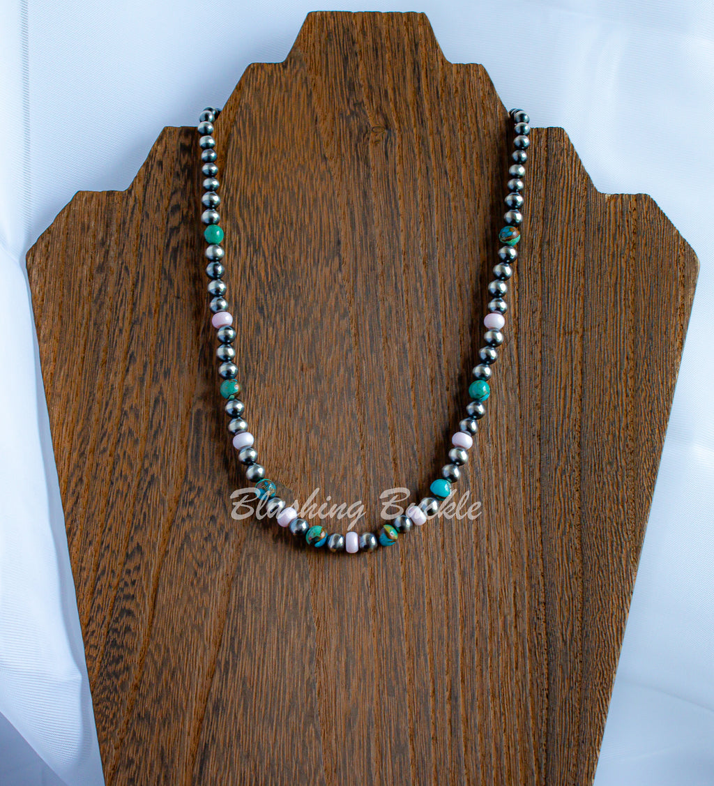 16" Oxidized 925 Navajo Style Sterling Silver, Queen Conch and Kingman Turquoise with Bronze Necklace