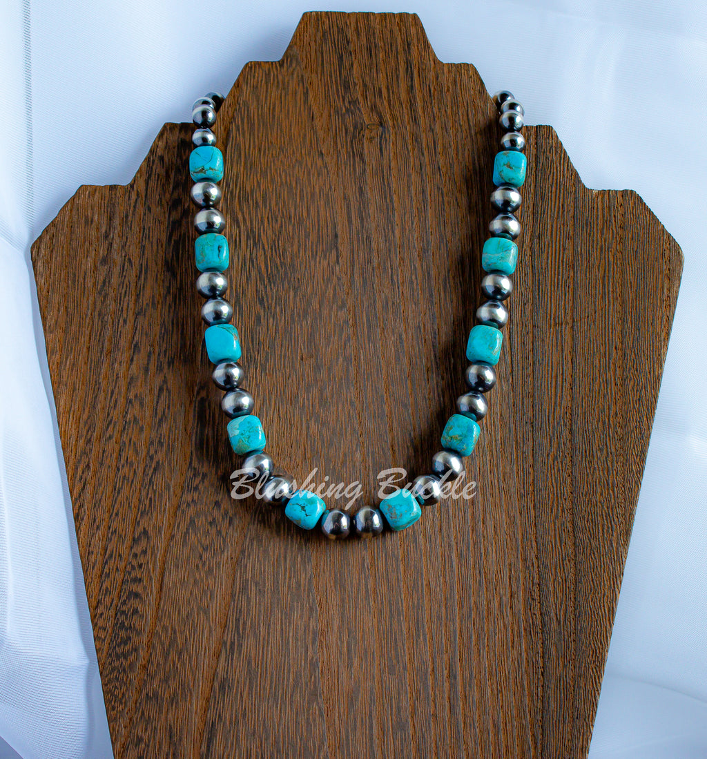 17" Kingman Turquoise and Oxidized Navajo Style 925 Sterling Silver Beads